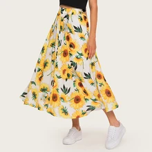 Wasteheart Summer Black Bohemian Women Fashion Sexy Skirt High Waist Mid-calf Skirt Flower Printed Long Skirts Beath A-Line