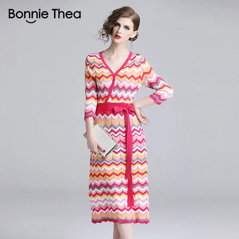 Женское вязаное платье в радужную полоску Bonnie Thea элегантное осеннее свитер