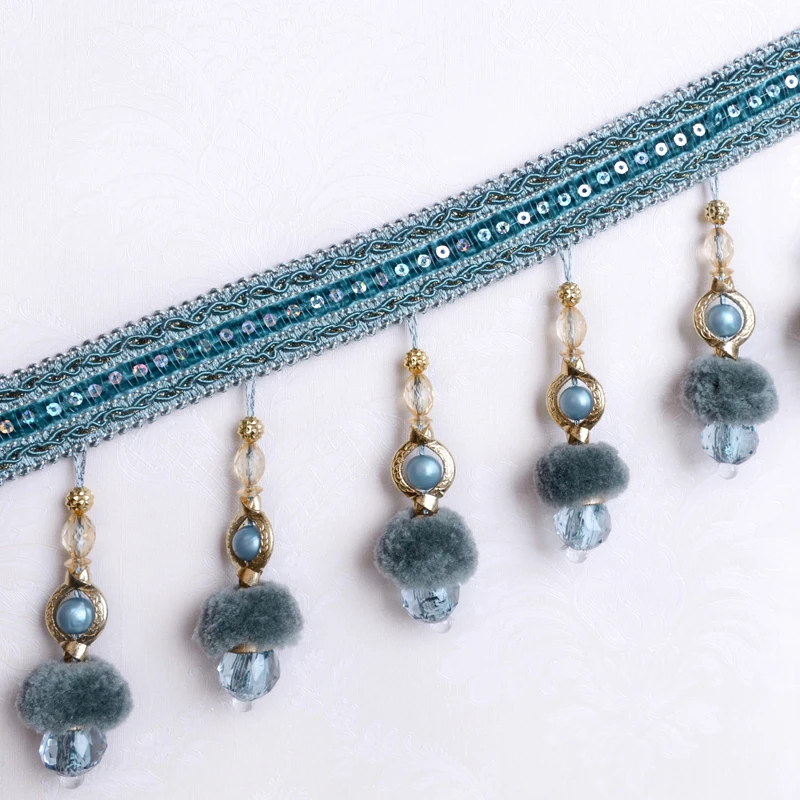 

12M/lot Beaded Fringe Lace Trim For Curtains DIY Lamp Sofa Stage Decorative Pompon Beads Lace Ribbon Curtain Accessories