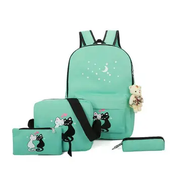 

4pcs/set Women Backpack Cat Printing Canvas School Bags For Teenager Girls Fashion Style Rucksack Cute Book Bag Mochila Feminina