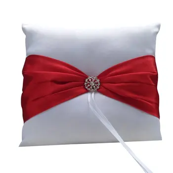 

Wedding Ceremony Satin Ring Bearer Pillow Cushion Red Ribbon Decor White