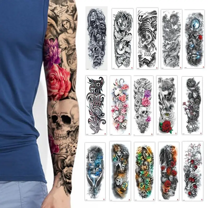 

1PC Arm Sleeve Tattoo Sticker 20 Types Skull Angel Rose Temporary Body Paint Waterproof Tattoo Sticker Black Tatoo Sleeve