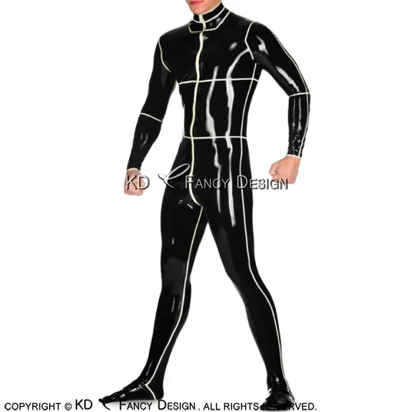 

Black With White Stripes Sexy Latex Catsuit With Feet Front To Back Crotch Zipper Rubber Body Suit Bodysuit Zentai LTY-0146