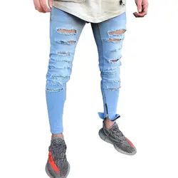 Узкие джинсы Для мужчин Stretch Slim Fit Проблемные Уничтожено Ripped Для мужчин s джинсы уличной хип-хоп штаны с дырками Jogger байкер мото