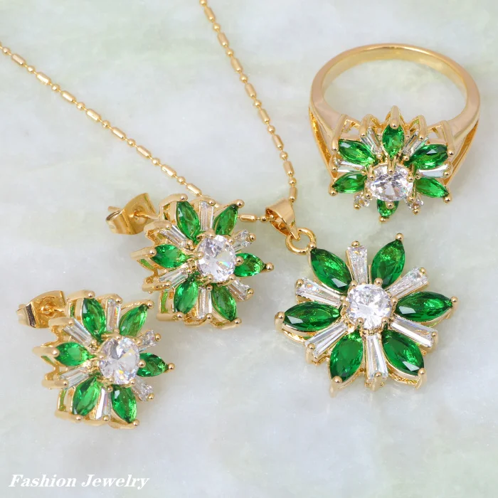 Glam Luxe таинственный Модный золотой цветочный зеленый фианит кулон/кольцо/серьги