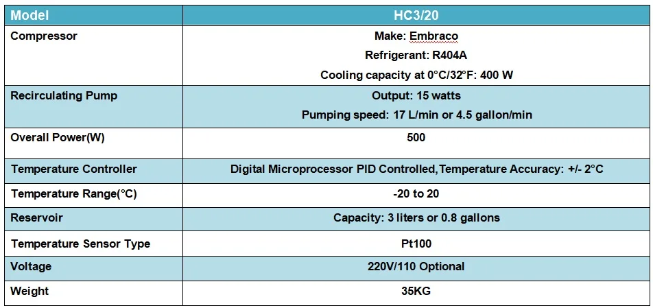 3L chiller specifications