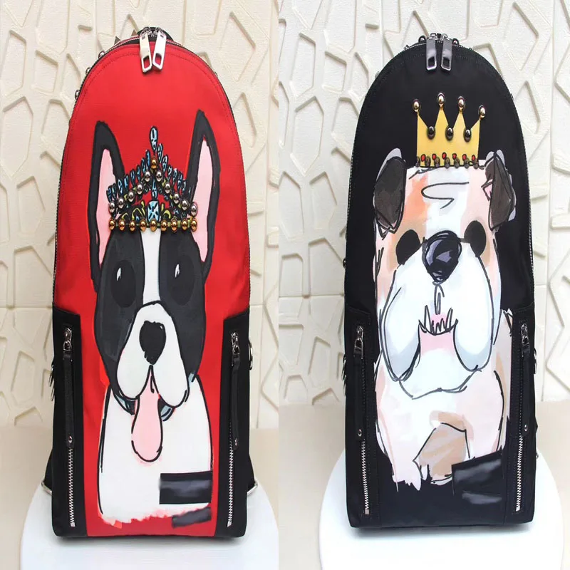 

Brand Designer Crown Beaded Printed Dog Head 19 New Rivets Canvas Backpack Black Red Men and women couples high quality backpack