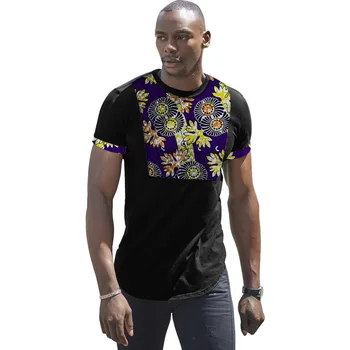 

Fashion African Style Men Clothing Ankara Clothes African Print Tops Short Sleeve Dashiki print+Black Cotton patchwork Tshirt