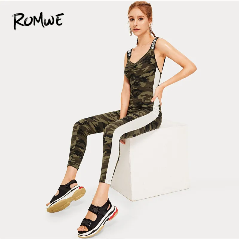 

ROMWE Camouflage Striped Side Straps Backless Skinny Army Green Casual Jumpsuit Woman Letter Tape High Waist Stretchy Jumpsuits