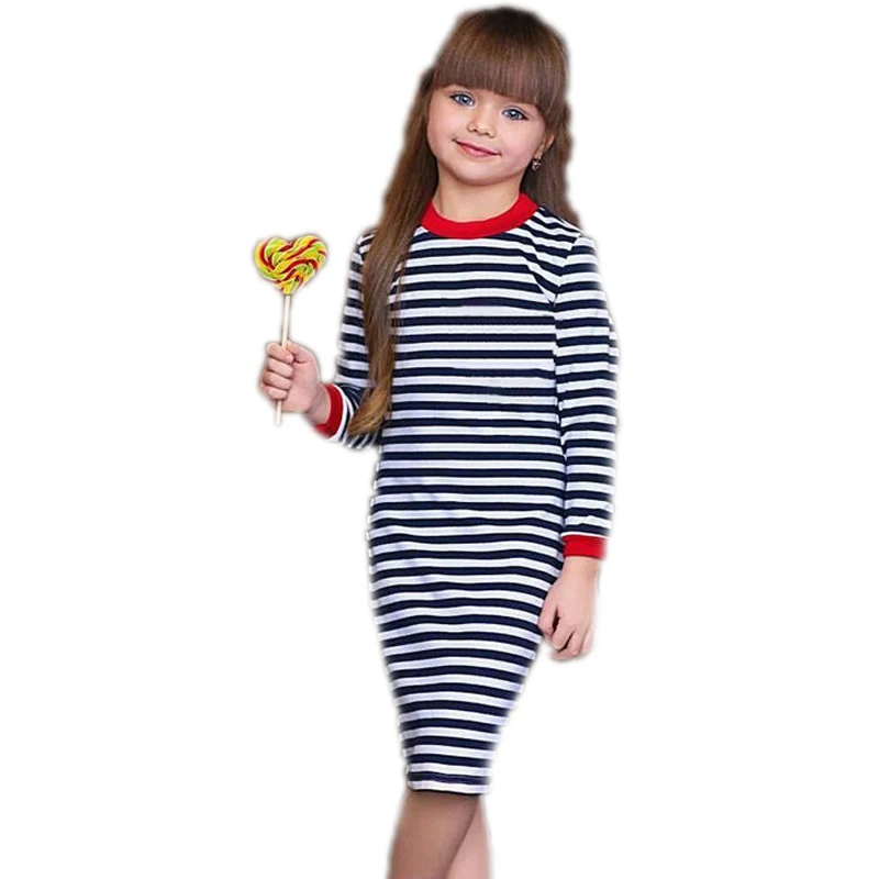 Нарядные платья для девочек 2018 Новая Осенняя детская одежда с длинным рукавом в полоску повседневные для маленькой принцессы платье для