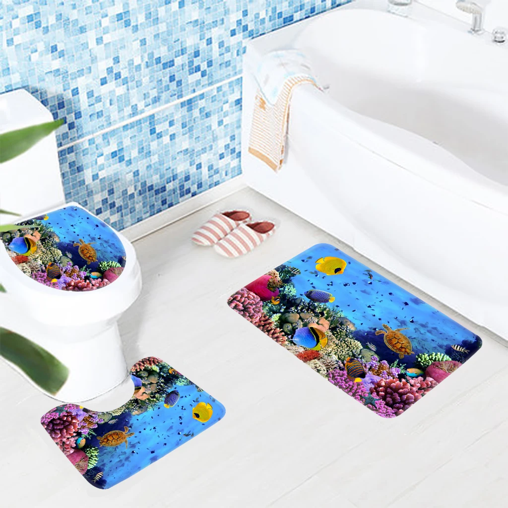 Bath Mat Set 3pcs Fish Corals Turtle Beautiful Underwater Pattern Anti