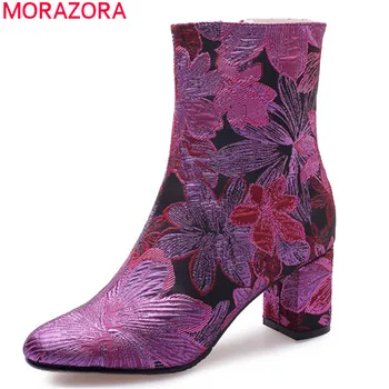 

MORAZORA 2019 top quality print silk ankle boots for women zipper autumn high heels boots fashion party wedding shoes woman