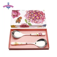 Service à salade en céramique, ensemble de vaisselle, Gadgets de cuisine, fourchette à salade et cuillère, vaisselle en acier inoxydable, couverts de jardin à herbes 2 pièces