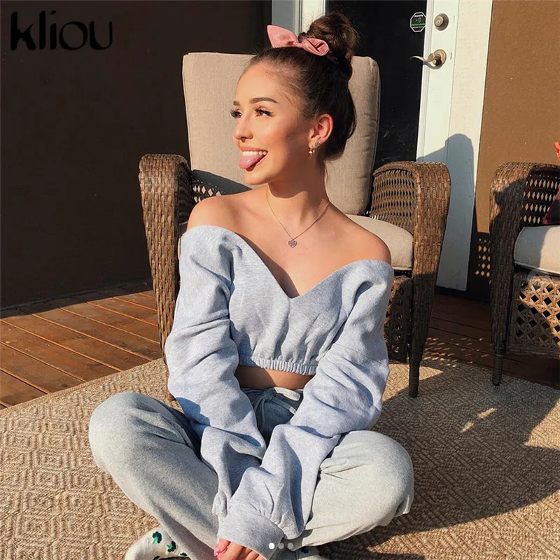 

Kliou 2018 Autumn Women Full Sleelve Sexy V-Neck Sweatshirts Harajuku Solid Cropped Fashion Slim Hoody Long Sleeve Hot Pullovers