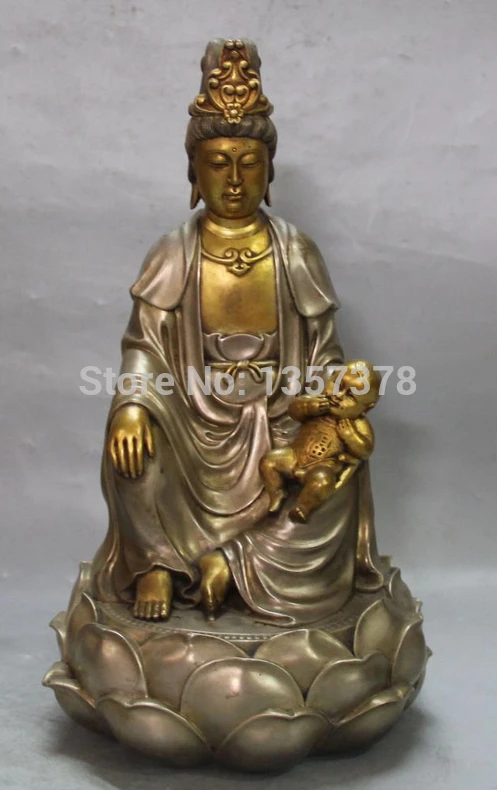 

shitou 00381 12" Marked China Buddhism Purple Bronze 24K Gold Pure Silver Kwan-yin Boy Statue discount 30% (C0324)