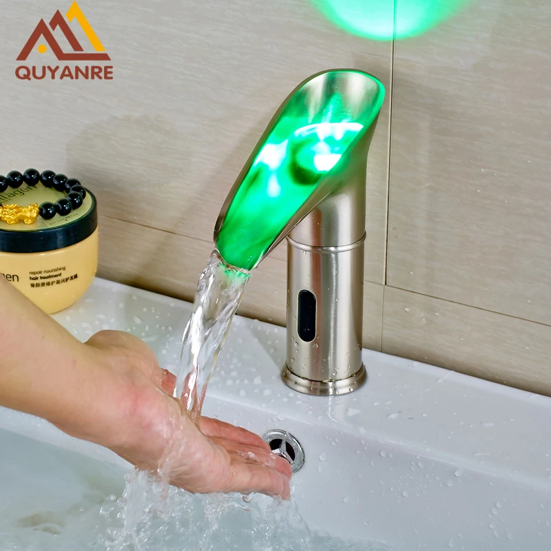 

Luxury Brushed Nickle Led Sense Faucet Deck Mount Bathroom Inductive Faucet Basin Faucet Single Handle