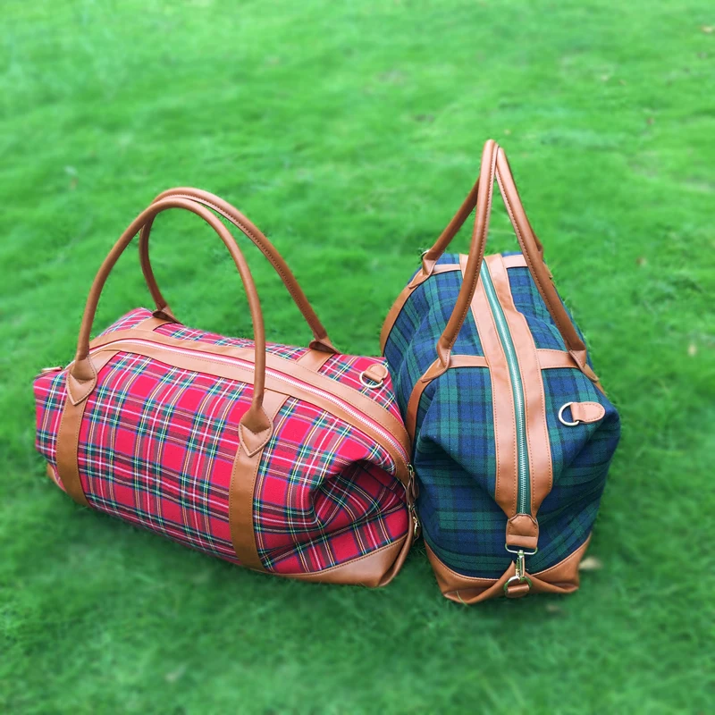 Wholesale Blanks Plaid Canvas Duffle Bag With PU Bottom Tartan Weekender Travel Bag with ...
