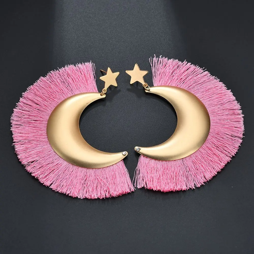 

Pink Color Bohemia Earrings Moon Tassels Earrings Fashion Jewelry Exaggerate Aretes De Mujer Modernos 2019