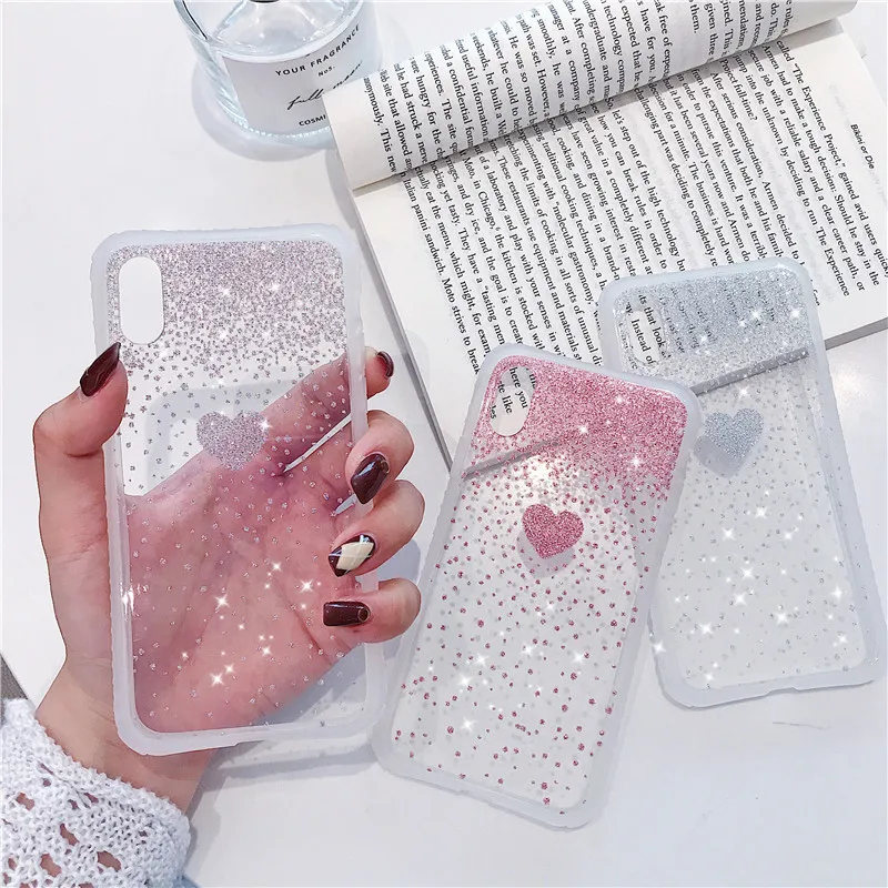 

2019 New TPU+PC Clear Phone Case for Iphone 7/7 Plus 6 6s 8 Plus X Bling Love Heart Back Cover for Iphone Xs Max Xr Case Coque