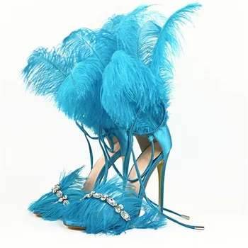 

2019 Sexy Fur High Heel Gladiator Sandals Women Stiletto Cross-tied Pumps Crystal Open Toe Bling Rhinestone Stage Sandals Femme