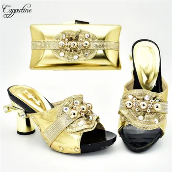 

Fashion gold high heel African sandal shoes and evening purse bag set for party , heel height 9cm, many color