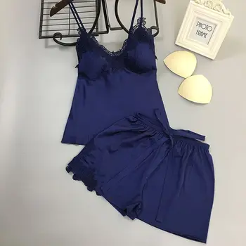 

Gray Black Blue Red Pink Crop Top Shorts Sleepwear Slip Silk Satin Pajama Women Lace Sleep Shirt Pajama Shorts Pajama Sets Women