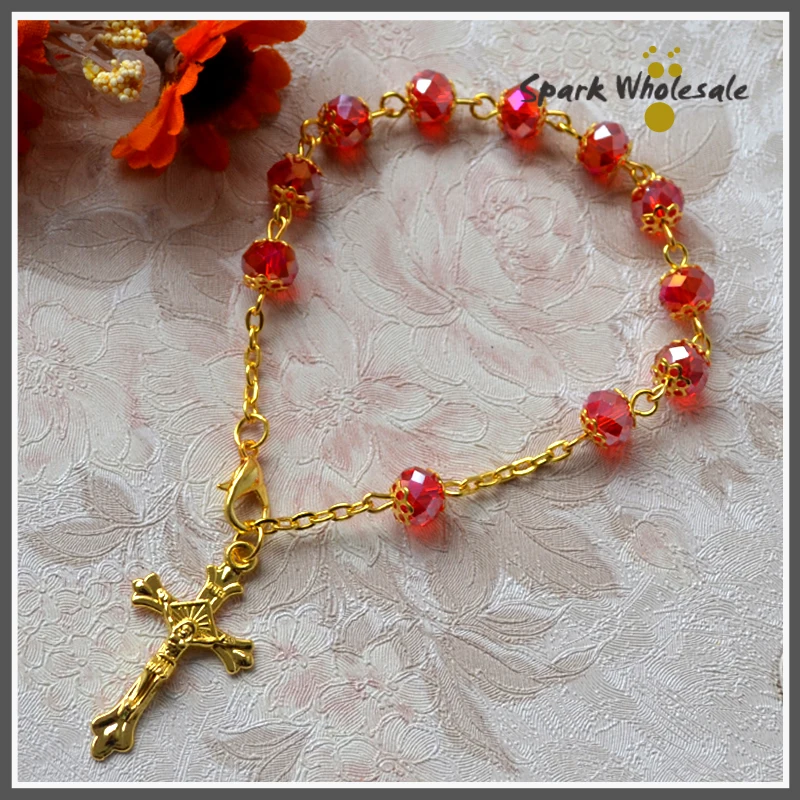 25pcs/lot Catholic Capped 8*6mm Red Glass Bead Gold Cross Rosary