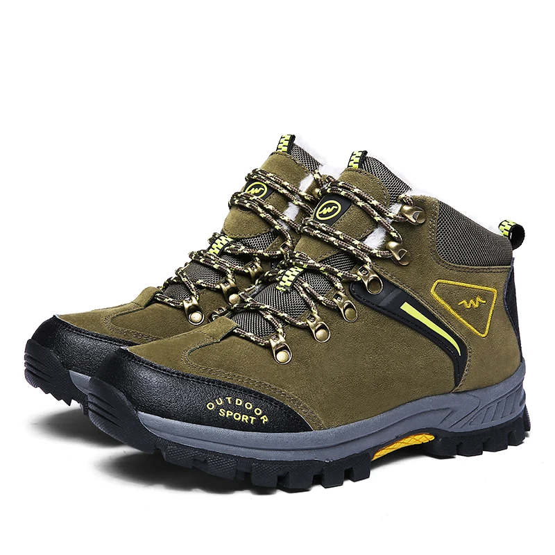 Man Hiking Shoes Plus Size 39-46 Mens Winter Fur Sneakers Army Green Khaki Hunting Boots Comfortable Mountain Shoes Men