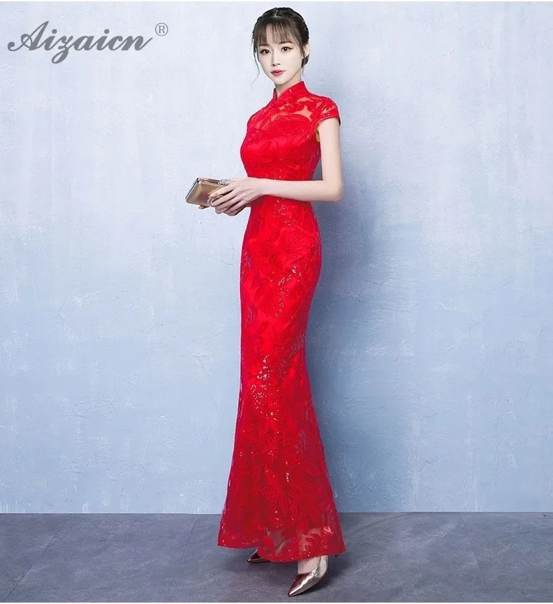 De color rojo sirena novia largo Cheongsam las mujeres chino tradicional boda Vestido Qipao Восточный de moda vestido de fiesta