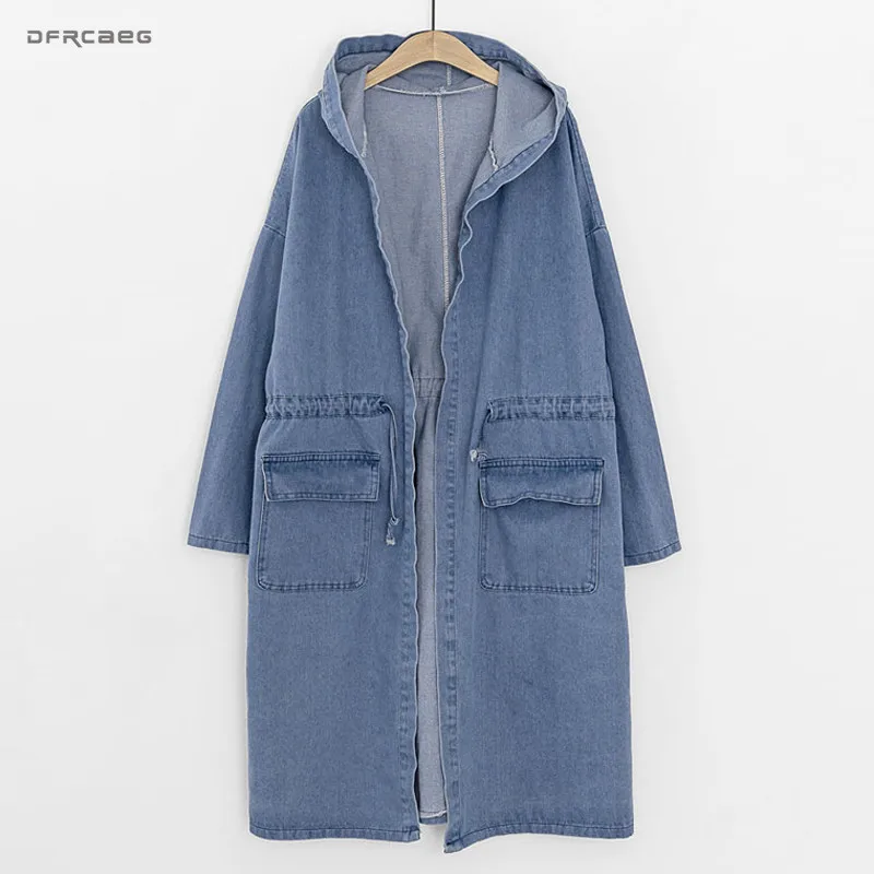 

3XL 4XL Light Blue Hooded Women Denim Trench Coats 2018 Winter Fashion Vintage Long Coats Jeans Long Sleeve Plus Size Outwear