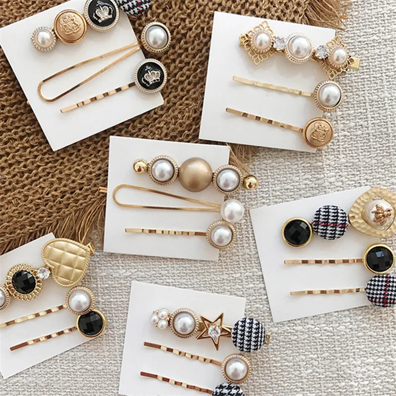3pcs/1Set Fashion Hair Accessories Houndstooth Button Imitiation Pearl Clips Metal Heart Star Crystal Hairpin Barrette | Украшения и