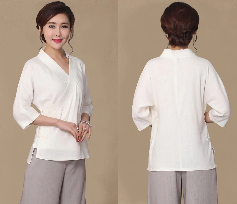Белая блуза в китайском стиле с v-образным вырезом, Женская хлопковая льняная Повседневная рубашка, весна-осень, новая женская одежда, Размеры s m l xl XXL XL091