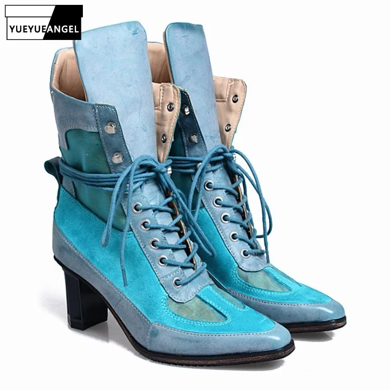 

Lace Up Genuine Leather Pointed Toe Runway Boots Women Design Block High Heel Ankle Boots Fashion Spring Knight Boots Female