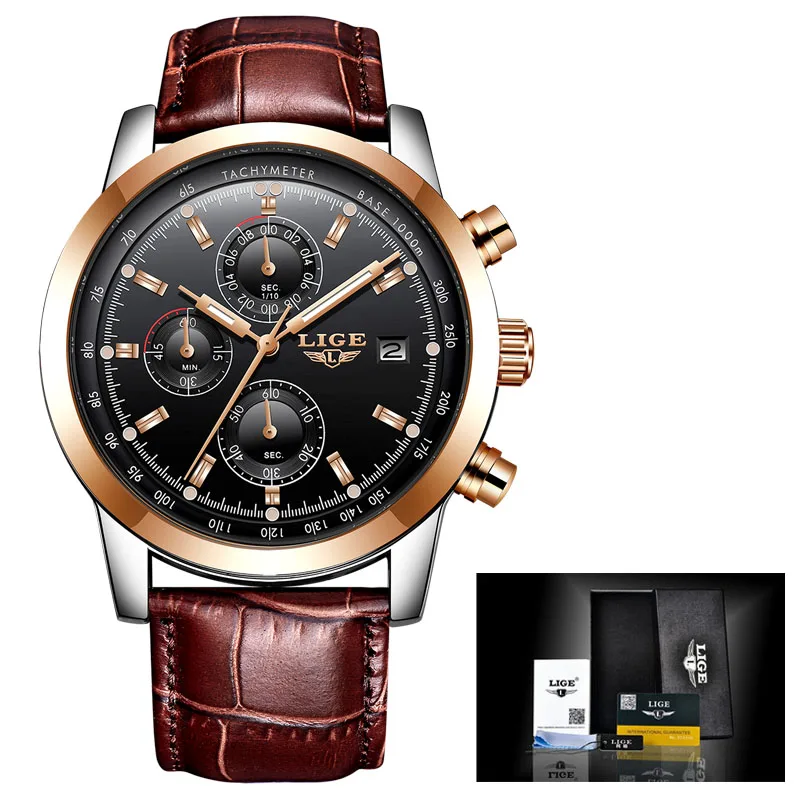 Reloj Hombre LIGE New Watches Mens Top Luxury Brand Chronograph Sport Man Watch For Men Military Leather Clock Quartz Wristwatch - Цвет: Rose gold black