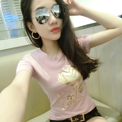Новинка лета, женская футболка с бронзовым принтом, тонкая хлопковая футболка с коротким рукавом для женщин, повседневные тонкие топы с круглым вырезом - Цвет: Розовый
