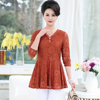

Lace Shirt Long Sleeve Tshirt 2020 Spring Fall Mother Top Fashion Plus Size 5XL Middle Age Women Clothes V-neck Slim Pullover