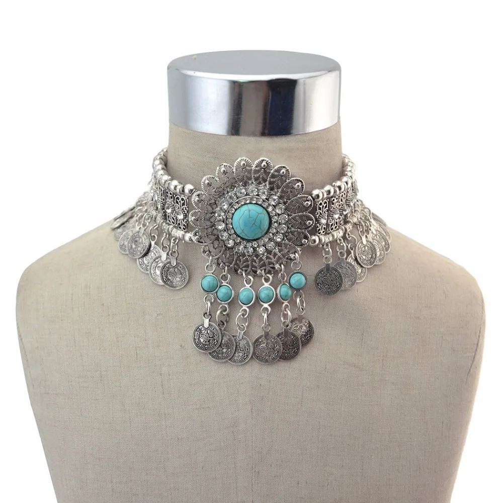 

New Boho Gypsy Vintage Green Red Stone Statement Necklace Ethnic tribal collar antique silver coin leaves charms Tassel necklace