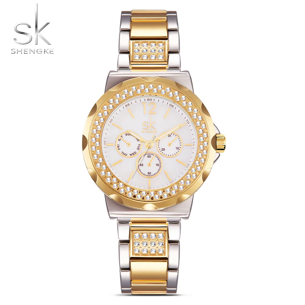 Goedkoop SK Nieuwe Mode vrouwen Horloges Steentjes Rvs Veilig Gesp Horlogeband Polshorloge Meerdere Kleur Multi fun Klok