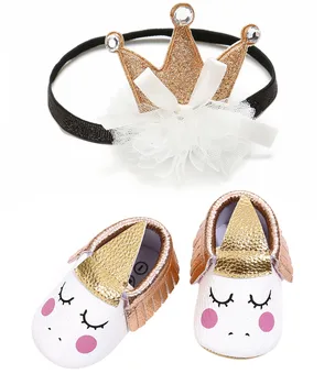 

New Style Cute Pattern Baby Shoes For Girl Autumn PU Princess Shoes + Beautiful Crown Headband First Walkers Wholesale
