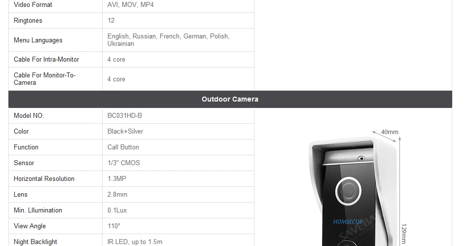 HOMSECUR 4 провода AHD видео домофон вызова Системы Поддержка музыки и кино BC031HD-B + BM715HD-G