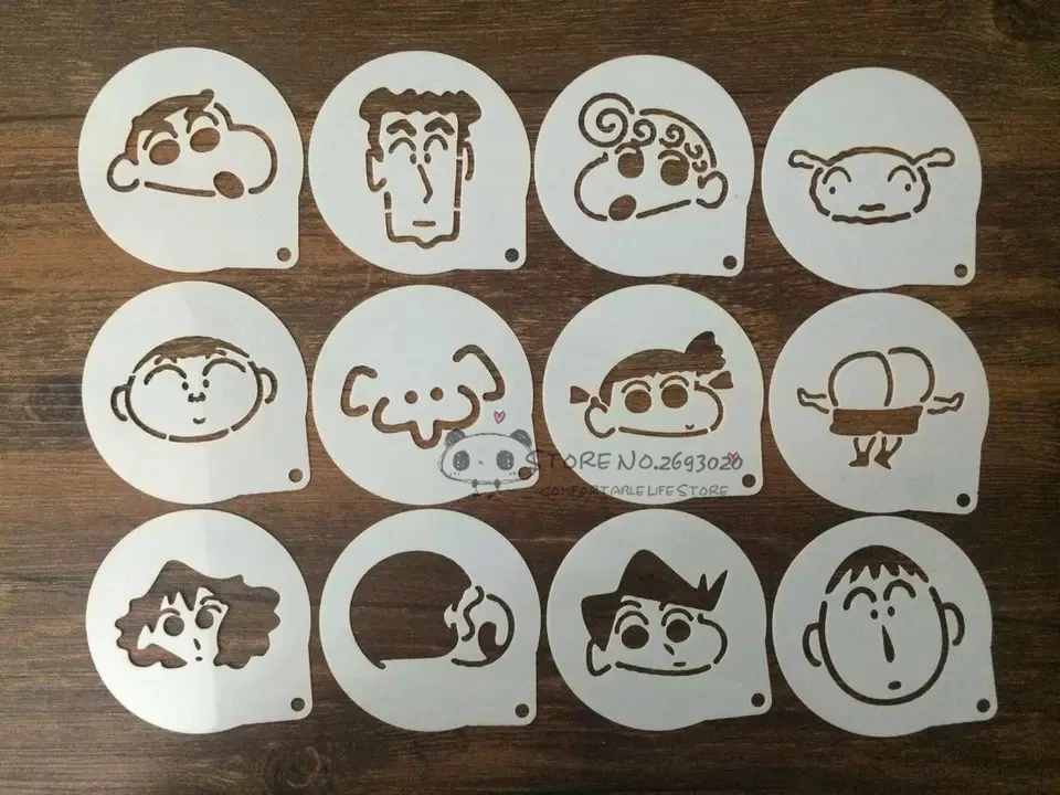 12 個クレヨンしんちゃんシリーズ型ファンシーコーヒー印刷モデル金型カフェ泡スプレーテンプレートバリスタ装飾ツール