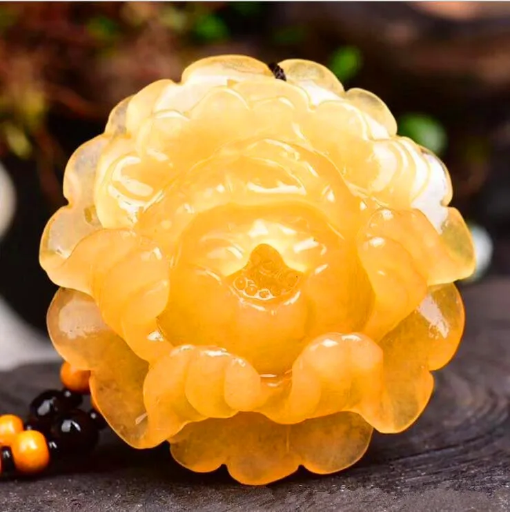 

natural china HUANGLONG jade Hua kai fu gui peony flower pendant women style large Sweater chain necklace Fine Jewelry