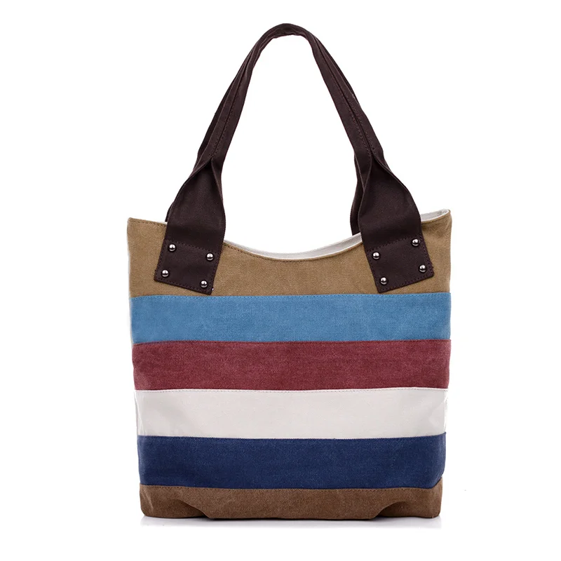 

Brand KVKY Fashion Strip Canvas Panelled Casual Bag Women's Handbag Shoulder Bag Ladies Tote Bags For Travel Shopping Style