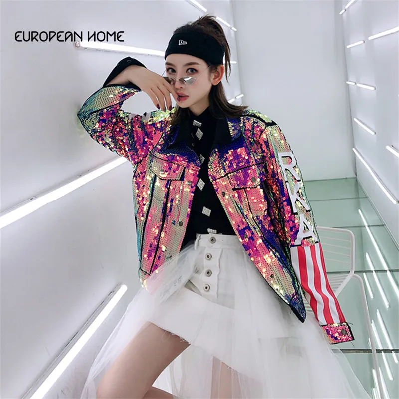 

Hot New 2019 Spring Autumn Jacket Women Coat Original Letter Colorful Sequins Loose Fashion Short Jeans Jacket Women Outerwear