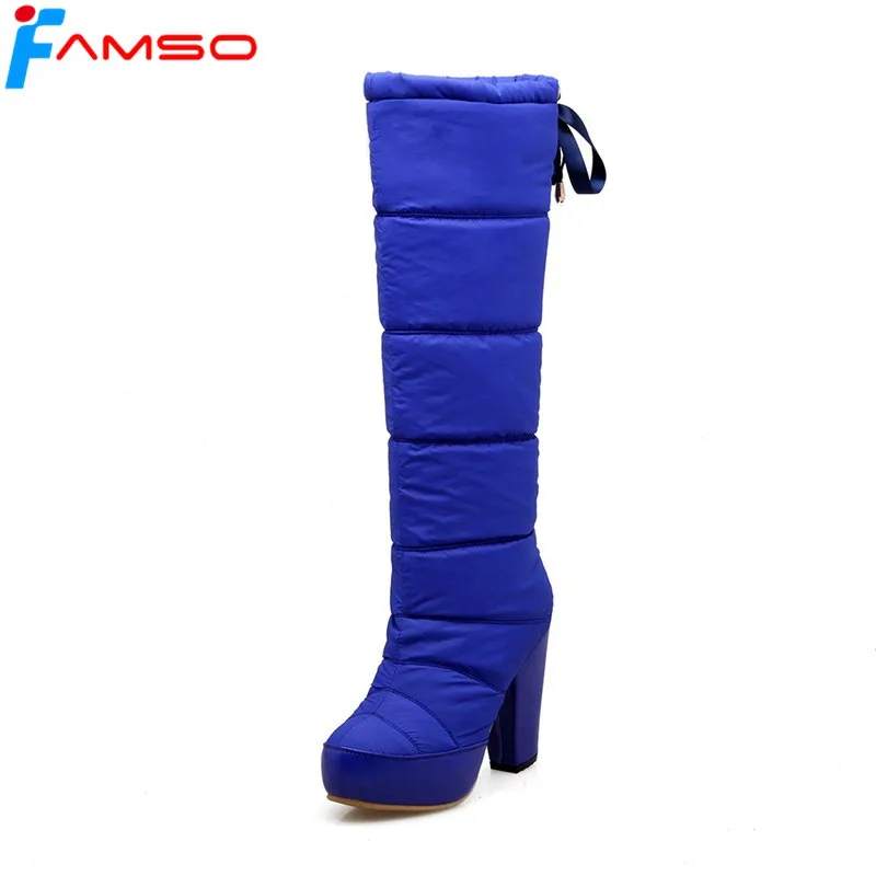 

FAMSO 2017 New Shoes Women boots black red blue Knee High Boots Russia Winter Waterproof Full Fur Snow Boots Heels RSBT3516