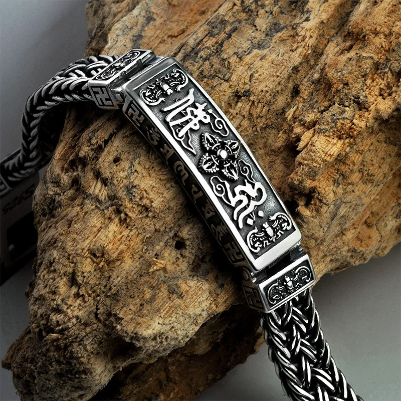 

S925 Sterling Silver Bracelet Mature Men's Silver Jewelry Domineering Thai-Silver Round Retro Buddhist Bone Bracelet