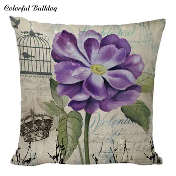 

Decor Retro Purple Flowers Crown Cushion Cover Fairy Beach 18 Inch Linen Lovers Gifts Abstract Vintage Bird Home Decor Pillow