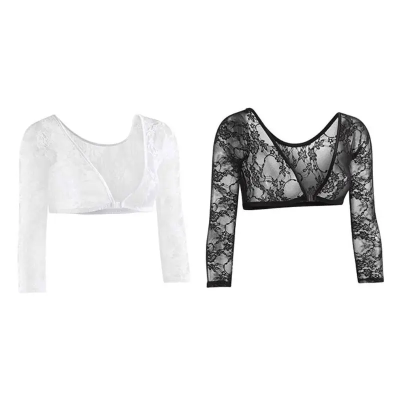 

Womens Seamless Arm Shaper See Through Floral Lace Mesh Short Crop Top 3/4 Sleeves Deep V-Neck Cardigan Slip-On Blouse