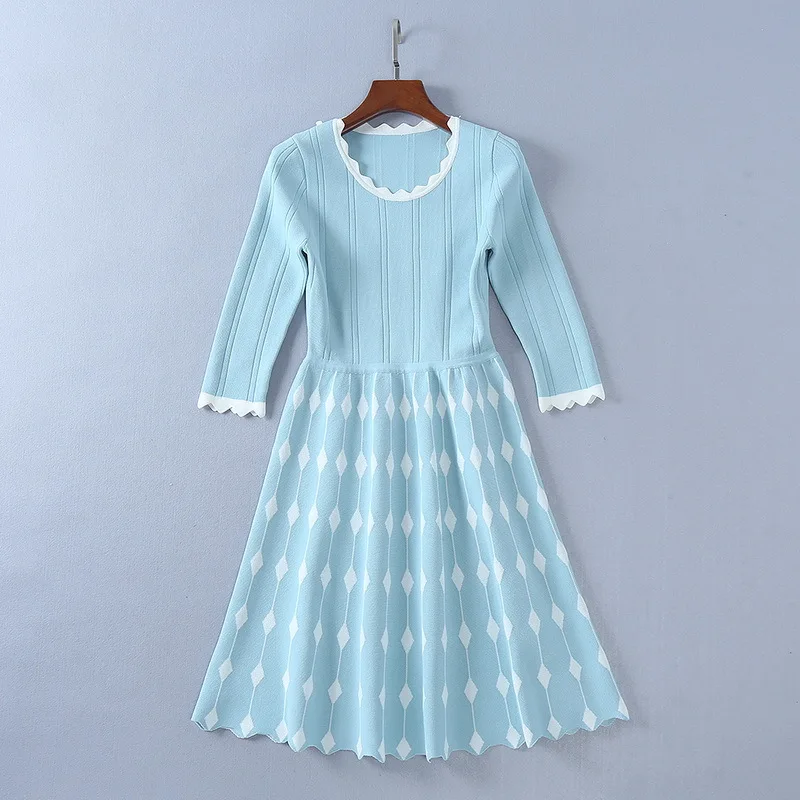 

2019 Spring Autumn Women Light Blue Knitted Dresses Geometric Print Contrast Color 3/4 Sleeve Girls Sweet Slim Dress Jc2844