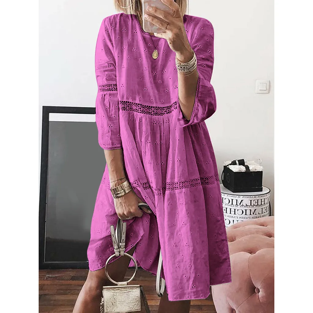 Осень в богемном стиле женское платье Для женщин Boho Твердые свободное с круглым